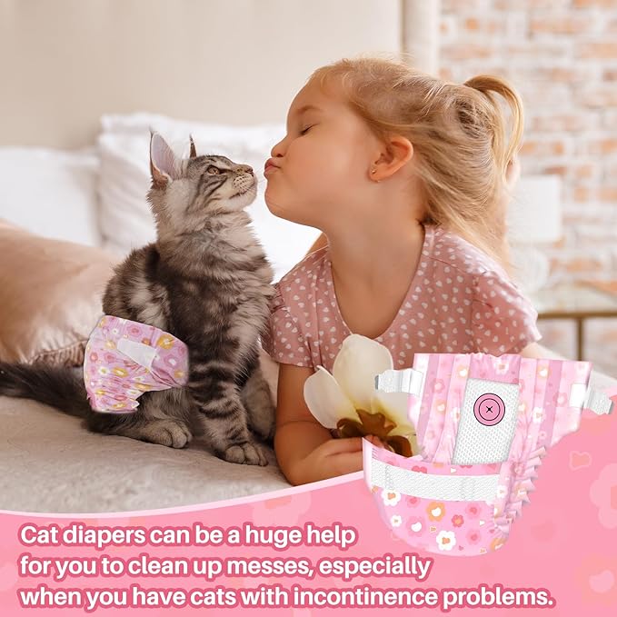 Pet Soft Disposable Cat Diapers - Diaper for Female & Male Cats, Puppy Doggie Diapers for Female Dogs with Adjustable Foam Tail Hole, Medium (24Pcs, PK Flowers)