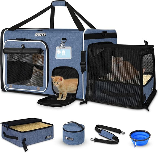 Petskd Side Expandable Extra Large Cat Car Carrier with Collapsible Litter Box for Long Distance Travel,24"x17"x17" Portable Soft Sided Pet Carrier with Roller Shades for 2 Cats Up to 55LBS(Blue)