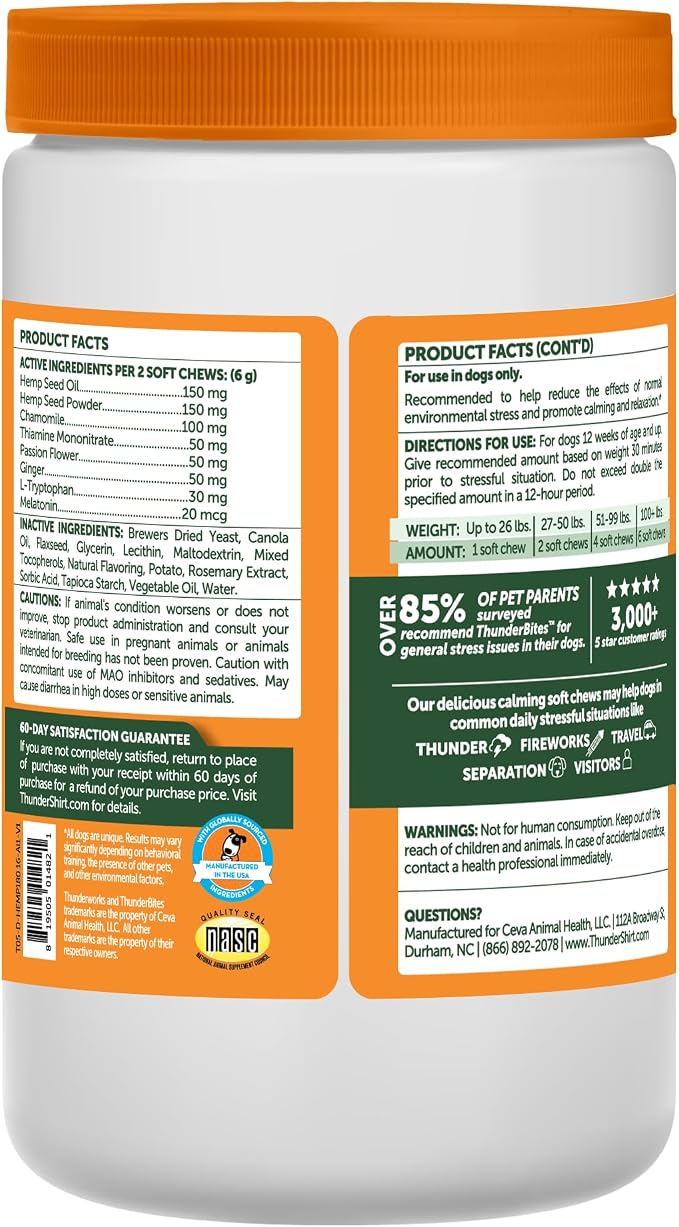 ThunderBites Hemp Calming Chews for Dogs, Everyday Use Can Help Relieve Stress from Separation, Storms, Fireworks & Travel (180 Count), Formerly ThunderWunders