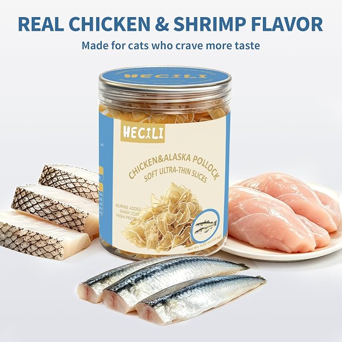 Chicken & Shrimp Soft Cat Treats,Ultra-Thin Slices, Easy-Chew Snacks for Picky Cats, Kittens & Seniors (Chicken & Pollock)