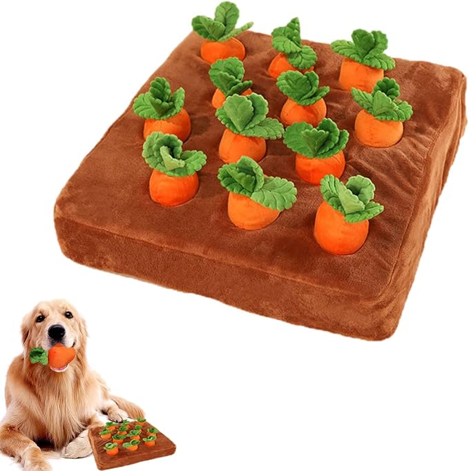 Carrot Snuffle Mat for Dogs, Interactive Dog Plush Puzzle Toys, 2 in 1 Non-Slip Nosework Feed Games, Pet Stress Relief with 12 Carrots