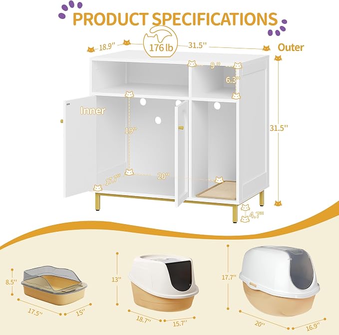 Hzuaneri Large Cat Litter Box Furniture, Hidden Litter Box Enclosure with Storage, Wooden Cats Cabinet with Sisal Mat, Modern Cat Washroom, End Table for Living Room Entryway, White and Gold CB87603G