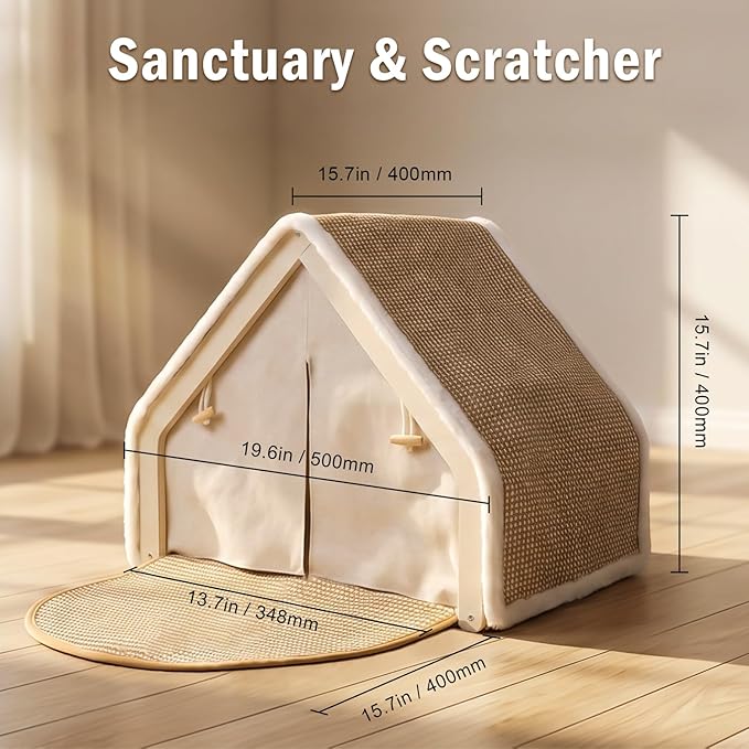 Cat Houses for Indoor Cats with Natural Sisal Scratcher Mat,Curtains,Bed and Floor Rug–Solid Wood Frame Cat Cave,Cat Scratch House