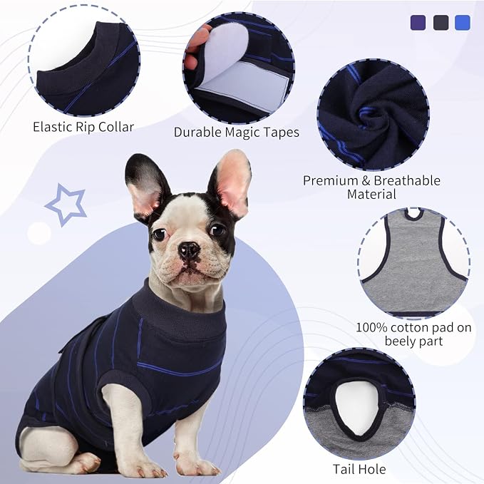 Kuoser Dog Surgery Recovery Suit, Soft Breathable Dog Recovery Suit for Female Spay Male Nueuter, Anti Licking Puppy Onesie Pet Surgical Suit for Dogs Abdominal Wounds Skin Disease, Blue Strips S