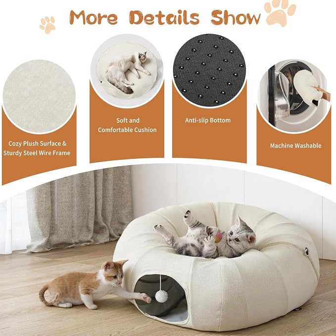 Pawaboo 2-in-1 Cat Tunnel Bed for Indoor Cats, 8-Shaped Large Cat Tunnels with Plush Cushions, Foldable Cats Cave Hideout Kitty Toys with Fluffy Balls, Donut Tunnel for Kitten Rabbit Ferret,Beige