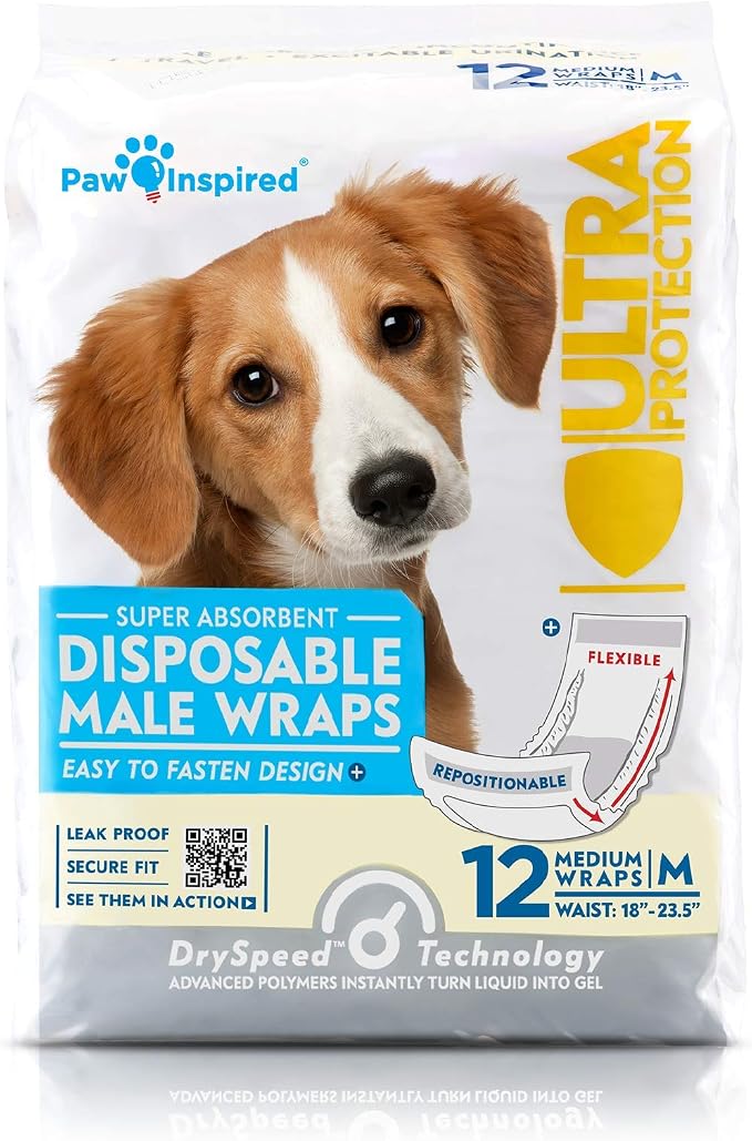 Paw Inspired Disposable Male Dog Wraps, Belly Band for Dogs | Disposable Dog Diapers | Belly Bands for Male Dogs (144 Count, Medium)