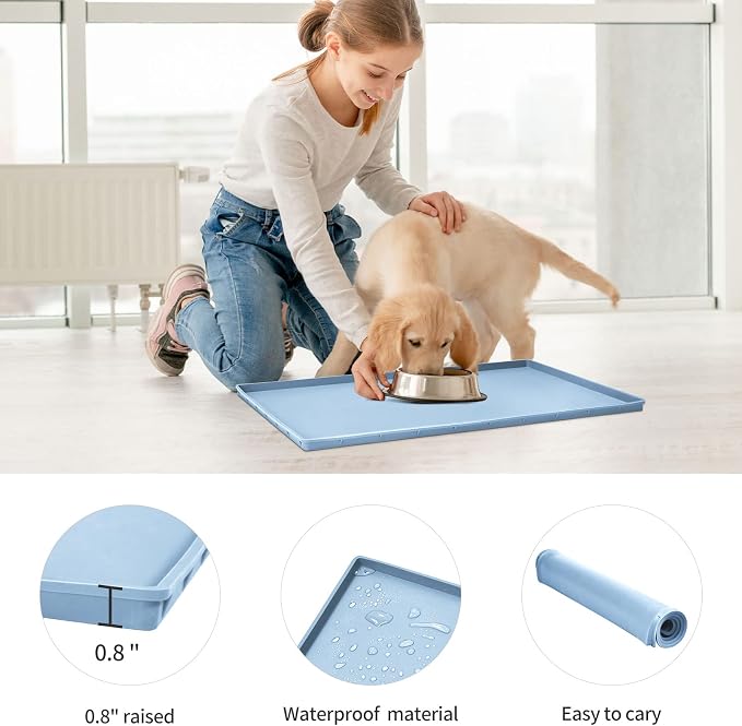 Dog Food Mat,Silicone Waterproof Food Tray,Non Slip Pet Bowl Mats Placemat,0.8" Raised Edge,Suitable for Most Small and Medium Sized Pets,28" x 18"