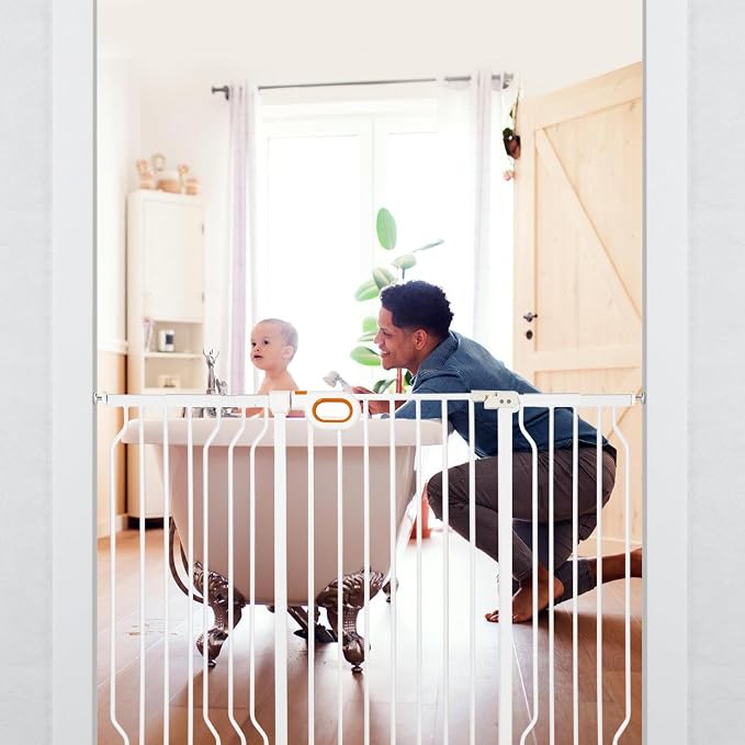 owlie Baby Gate for Stairs - 29-57'' Wide,No Drilling, Pressure Mount, White (30.5'' Tall)