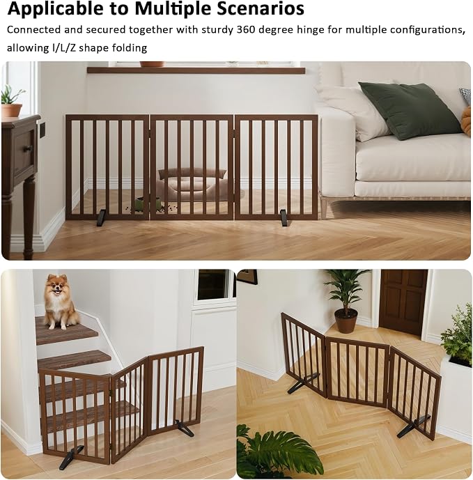 Wooden Dog Gate Freestanding Foldable 3 Panel Pet Gates Extra Wide Dog Gates for Indoor Doorways Stairs 24in Height Support Feet Included