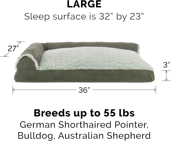 Furhaven Pillow Dog Bed for Large/Medium Dogs w/ Removable Bolsters & Washable Cover - Two-Tone Plush Faux Fur & Suede L Shaped Chaise - Dark Sage, Large