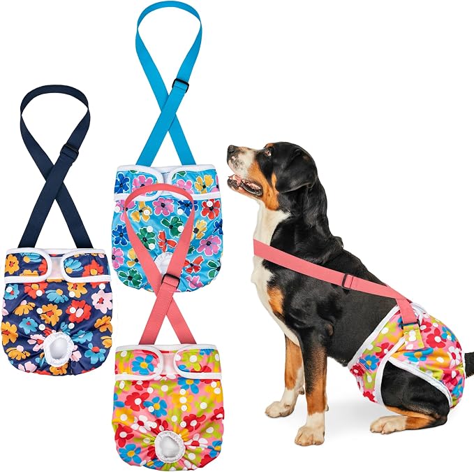 Pet Soft Dog Diapers Female with Suspenders, 3 Pack Reusable Female Dog Diapers for Heat, Dog Period Panties for Doggie in Cycle(Medium, Bear Brown)