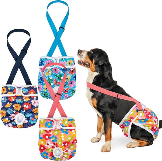 Pet Soft Dog Diapers Female with Suspenders, 3 Pack Reusable Female Dog Diapers for Heat, Dog Period Panties for Doggie in Cycle(Medium, Bear Brown)