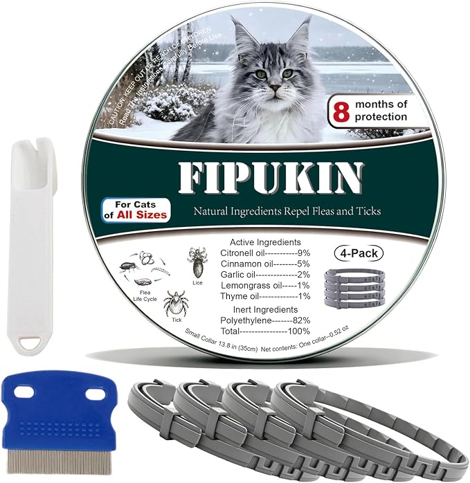 Flea and Tick Collar for Cats, 4‑Pack | Value Pack at $8.50 per Collar, 8‑Month Waterproof Protection | Includes Comb & Tick Removal Tool, Ideal for Multi‑Cat Homes