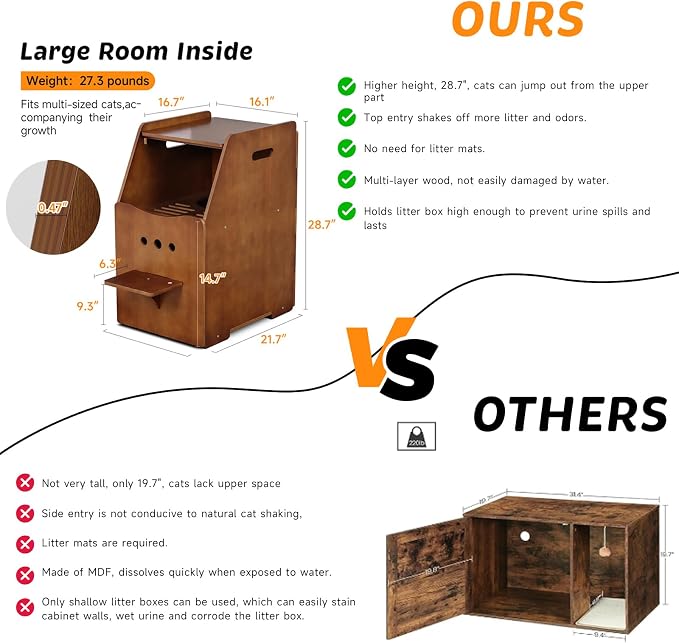 Cat Litter Box Enclosure,Enclosed Litter Boxes Cabinet,Top Entry Litter Box Enclosure,Tall Hiden Litter Furniture,Wood Cat Toilet with Filter and Stairs for Indoor Cats,Dog Proof (Brown)