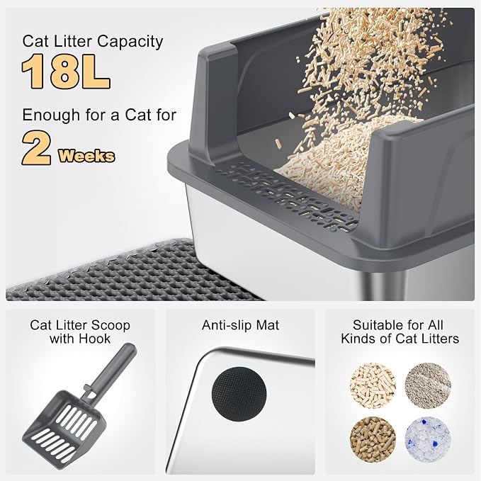 FURTIME Stainless Steel Cat Litter Box, Easy-Clean High-Sided Metal Litter Box, Open-Top Litter Pan for Small Cats, Includes Scoop & Mat, Non-Stick, Anti-Leakage, 17"×13"×8.4"