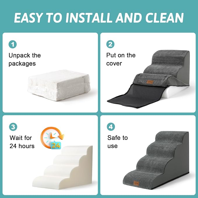 COZY KISS Wide Dog Stairs for Small Dog 19.7" H, Pet Step for Puppy, Older Cat, Curved Ramp for Bed, Durable Anti-Slip Ladder with High Density Foam, 4 Step, 17.7x28x19.7 inch, Charcoal Grey