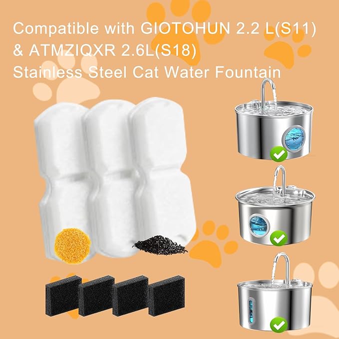 24 Pack Cat Water Fountain Filters,12 Pack Cat Water Fountain Replacement Filters & 12 Pack Pre-Filter Sponges,Fountain Filter Replacement for GIOTOHUN S11 and HOOISE 74oz