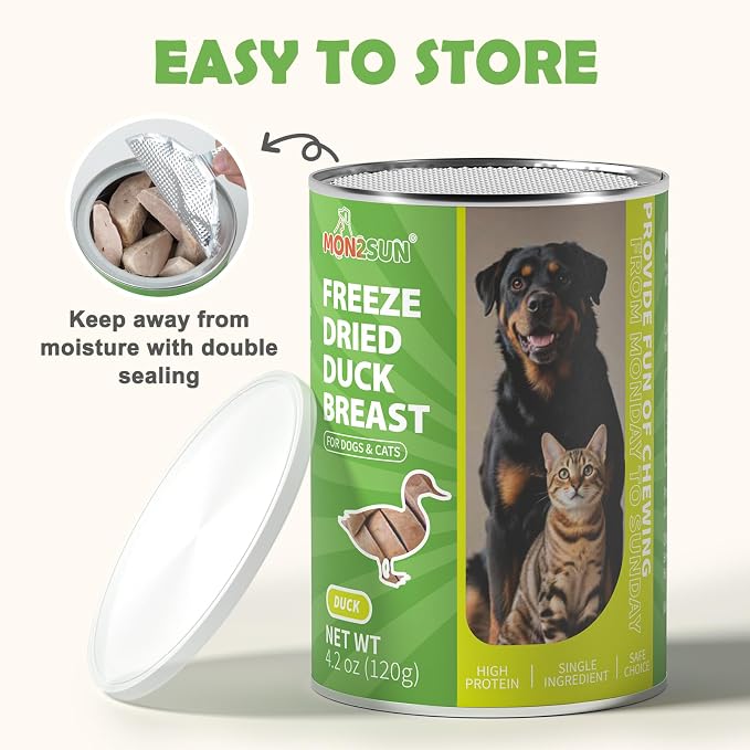 MON2SUN Freeze Dried Duck Breast Treats for Dogs & Cats - Whole Cut Chunks, Single Ingredient, High Protein, Grain Free Food Topper & Training Snacks, 9.2oz