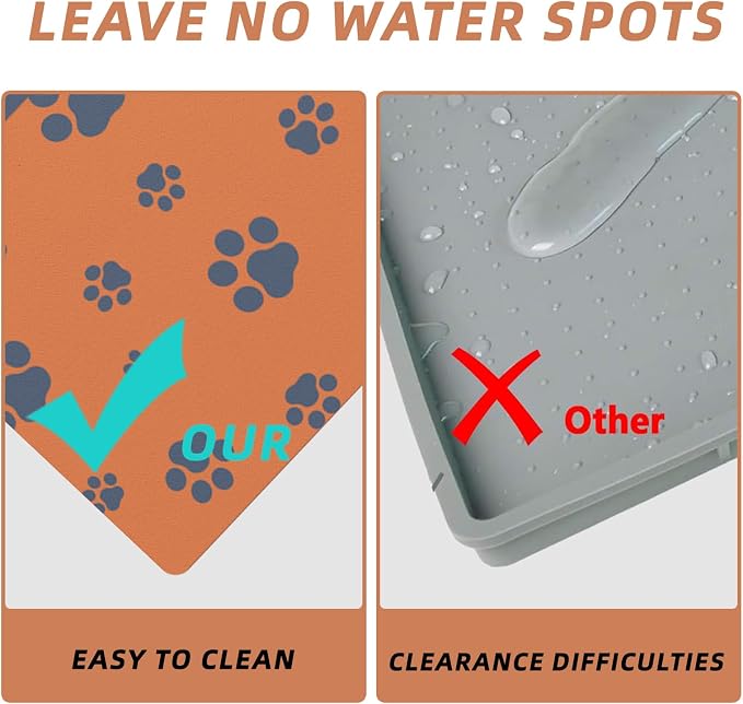 18"×30" Dog Food Mat-Absorbent Dog Mat for Food and Water, No Stains Quick Dry Cat Food Bowl Mat with Footprints for Messy Drinkers,Orange