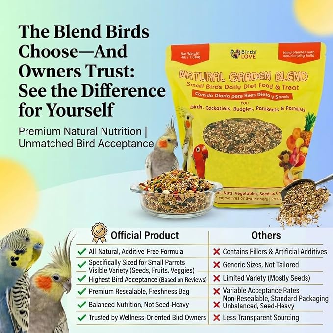 Birds LOVE Natural Garden Blend Bird Food for Small Birds, 4 lb - Hand Packed in USA, Natural Mix with Fruits, Seeds & Grains for Lovebirds, Cockatiels, Budgies & Parakeets