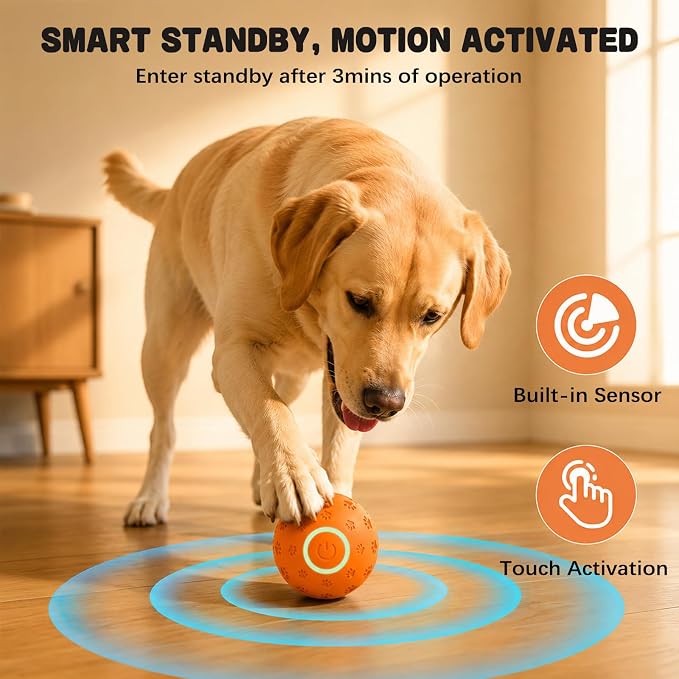 Interactive Dog Toy Ball, Durable Motion Activated Automatic Moving Ball for Small/Medium/Large Dogs, Rechargeable Dog Ball with LED Lights, 2 Play Modes to Keep Your Dog Busy (Orange)