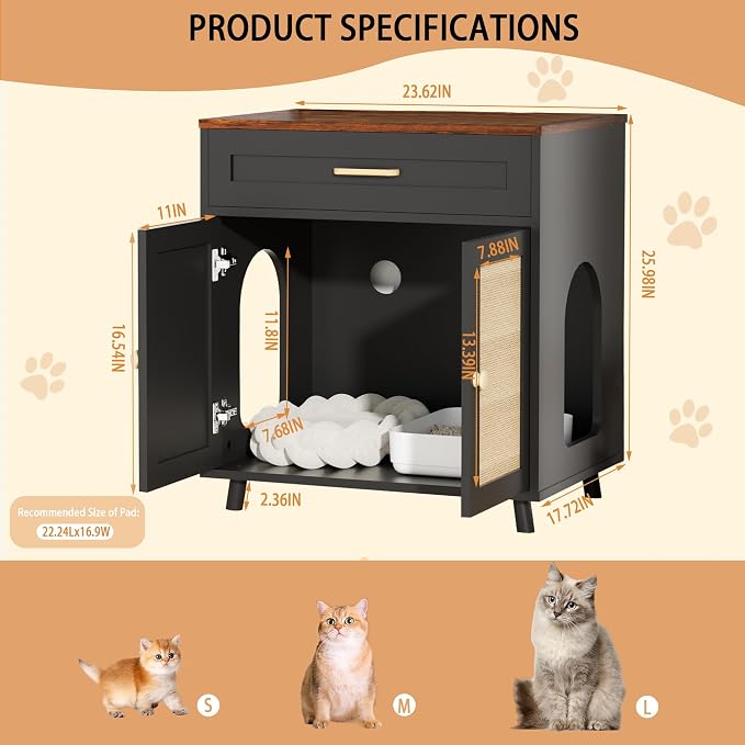 Cat Litter Box Enclosure Litter Box Furniture Hidden with Scratching Board Doors and Drawer Wooden Washroom Cat House Table Nightstand Indoor Box Cabinet,Black