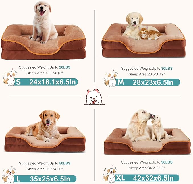 DUMOS Orthopedic Dog Beds for Large Sized Dogs, 35x25 Inch Machine Washable Cover Pet Bed, Anti-Slip Waterproof Memory Foam Couch Bed for Indoor Dogs and Cats, Brown