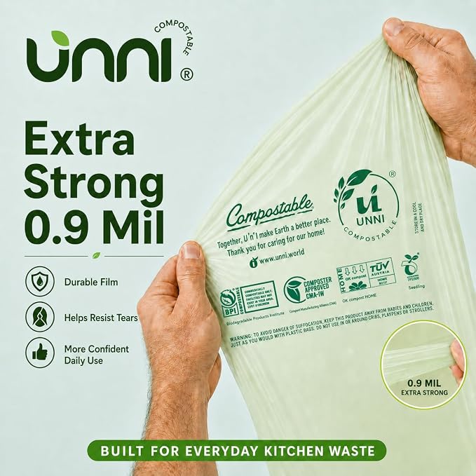 UNNI Compostable Trash Bags, 13 Gallon / 49.2 Liter, 50 Count, Extra Thick 0.9 Mil Tall Kitchen Food Scrap Bin Liners, Certified by BPI, CMA & OK compost HOME, Meets the ASTM D6400 Standard