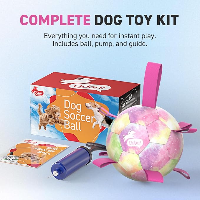 QDAN Dog Balls: Herding Ball for Dogs, Outdoor Toys Dog Soccer Ball with Straps, Interactive Pet Toys for World Cup Large Dogs Tug of War, Pet Birthday Gifts,Gradient Rainbow (8 Inch)