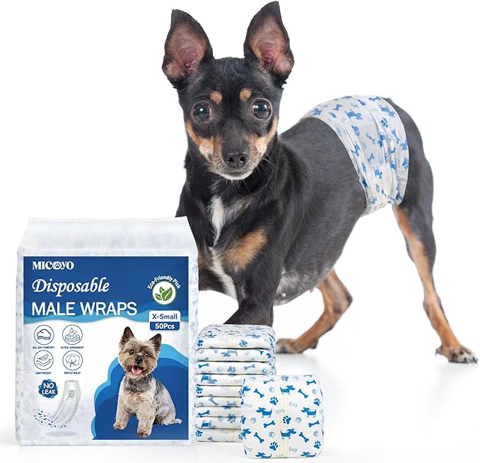 MICOOYO Dog Diapers Male Disposable Super Absorbent Male Dog Wraps Lighter Dogs Diaper Leakproof Puppy Diaper Doggie Diapers with Wetness Indicator (XS, 20Counts)