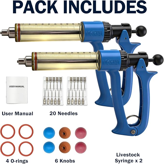 2-Pack 50mL Semi Automatic Livestock Syringe Adjustable Dosage Repeater Injector (1-5mL) with Luer Lock Tip for Cattle, Sheep, Goats & Pigs Continuous Injection Gun for Farm Herd, Blue