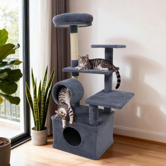 Tangkula Cat Tree Tower, 48 Inch Multi-Level Cat Tower with Large Condo, Sisal Scratching Post, Padded Top Perch, Tunnel, Hanging Ball, 3 Jumping Platforms for Indoor Cats (Dark Gray)