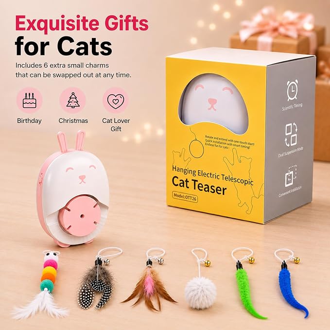 Interactive Cat Toys for Indoor Cats,Automatic Hanging Door Cat Teaser Toy with 6 accessories,2 Modes,Auto Pause & USB Rechargeable Electric Cat Chase Toy,Durable Safe for Bored Adult Kitten-Pink