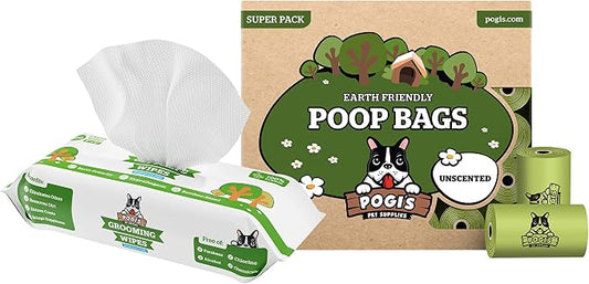 Pogi's Poop n' Wipe Combo Pack - 450 Unscented Doggy Poop Bags & 100 Dog Wipes Bundle
