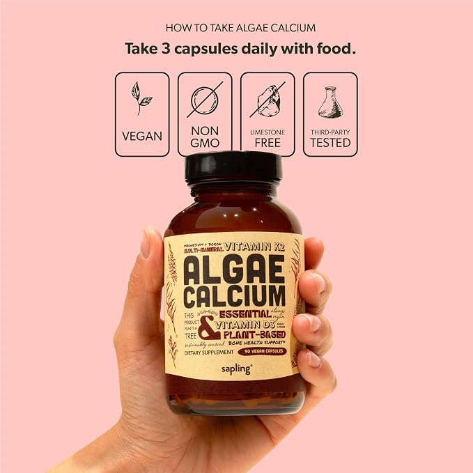 sapling Calcium Supplement - Whole Food with Vitamin K2 & D3, Magnesium, Zinc, Boron, Mineral Complex. Sourced Sustainably from Red Algae. for Bone Strength and Support. Non-GMO & Vegan 90 Capsules.