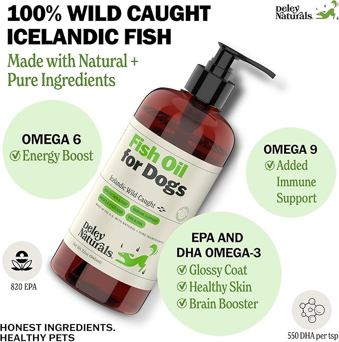 Deley Naturals Fish Oil for Dogs - Itch Relief for Dogs with Omega 3 6 9 for Skin, Joints, Heart and Brain Health - Icelandic Omega 3 Fish Oil for Dogs Skin Irritation - 32oz Omega Oil Made in USA