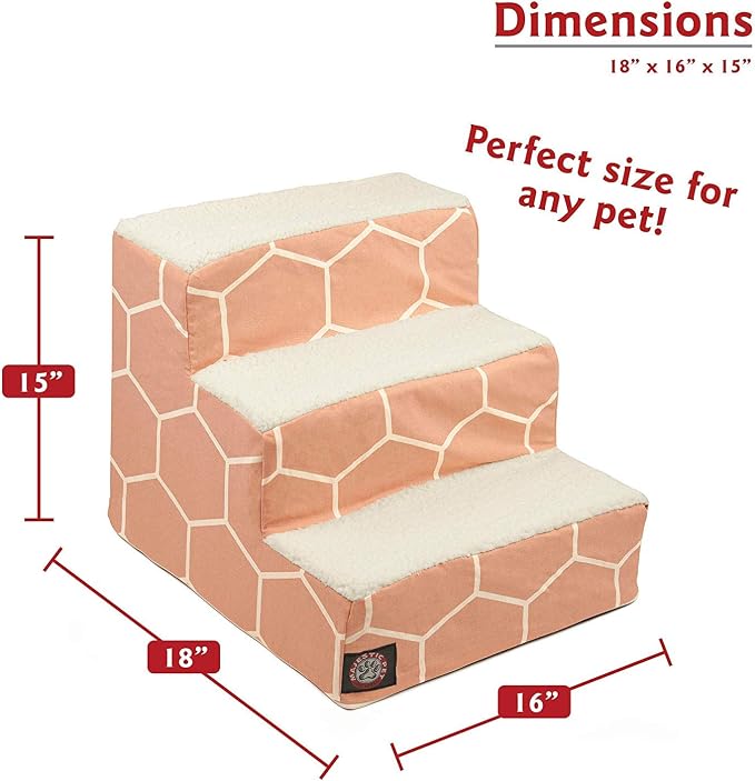 Majestic Pet 3 Step Portable Dog Stairs for Small Dogs to get on Bed Supports 250 lbs or Less – Dog Steps for High Bed with Machine Washable Cover –Pet Stairs for Cats Hexo Shapes Blush Pink