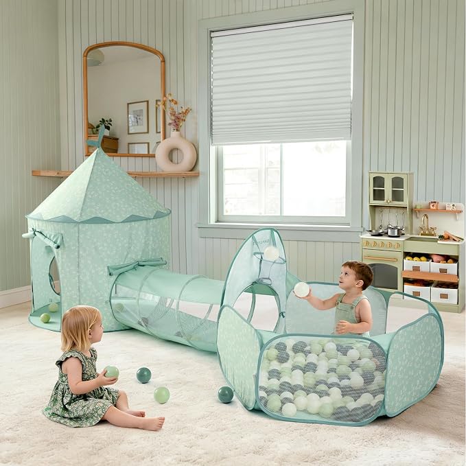 Tiny Land 3-in-1 Kids Play Tunnel with Ball Pit & Tent, Pop Up Crawl Tunnel for Toddlers, Indoor & Outdoor Baby Play Tunnel, Foldable Crawling Tunnel Toy, Gift for 2 Year Old Girl & Boy, Green