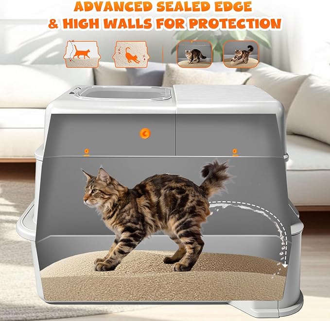 Homegroove Enclosed Stainless Steel Cat Litter Box with Drawer, XL Large Metal Cat Box with Lid for Indoor Cats, Metal Covered Litter Pan with Litter Scoop& Pedal (Light Gray)