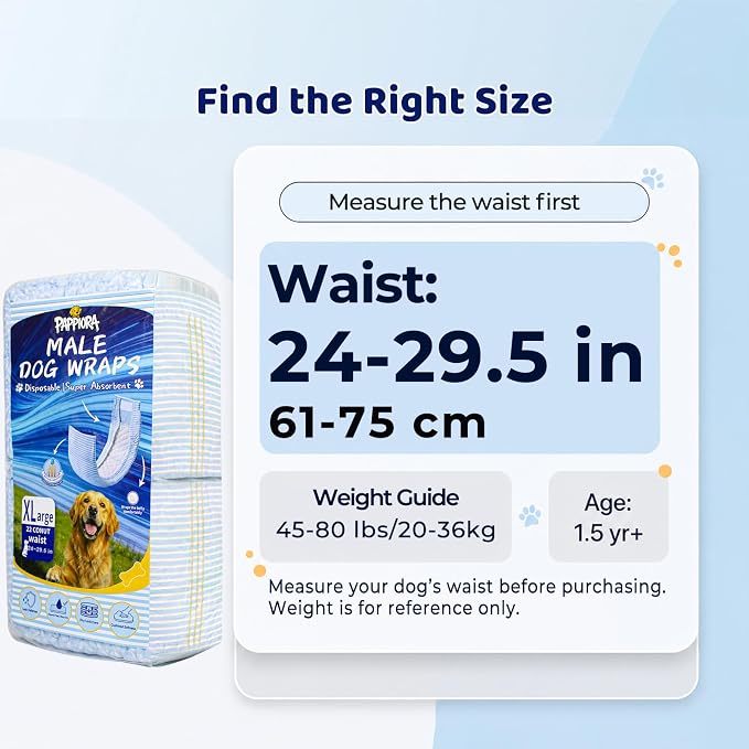 Male Dog Diapers Disposable Waist 24–29.5”, 22 Count, Soft Dry-Touch Inner Layer, Super Absorbent, Leakproof, Wetness Indicator, Adjustable Tabs, XL