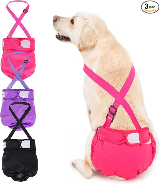 3 Pack Avont Washable Female Dog Diaper with Suspender, Reusable Girl Doggie Diapers for Small Medium Large Doggy in Heat Cycle Period Incontinence -XL