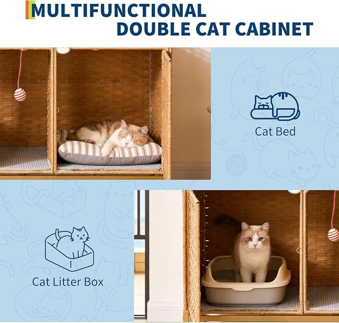 Cat Litter Box Enclosure Furniture, Handwoven Rattan Cat Houses, Hidden Cat Washroom Furniture with Door/Mat, Large Space Cat Houses with S-Shaped Hooks, Living Room, Bedroom, Natural