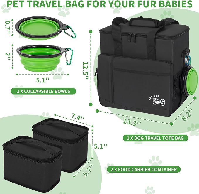 Dog Travel Bag,Large Pet Travel Bag for Supplies with 2 Food Container and Collapsible Bowls,Dog Travel Supplies Organizer Kit for Weekend,Road Trips,Camping