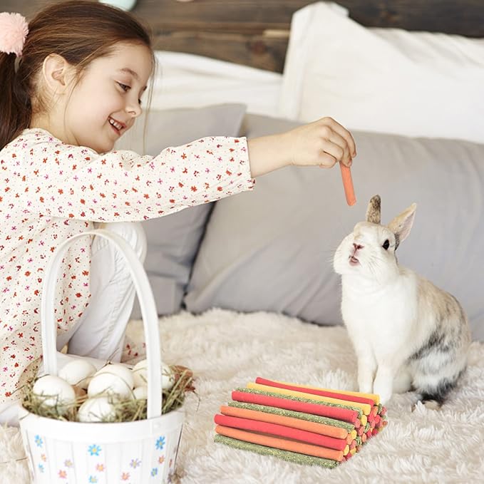 ERKOON 40Pcs Rabbit Timothy Hay Sticks, Five Flavors：PurplePotato/TimothyHay/Pumpkin/Strawberry/Carrot，Suitable Guinea Pig, Hamste, Gerbil, Chinchilla Treats, Chew Toys for Teeth for Bunnies