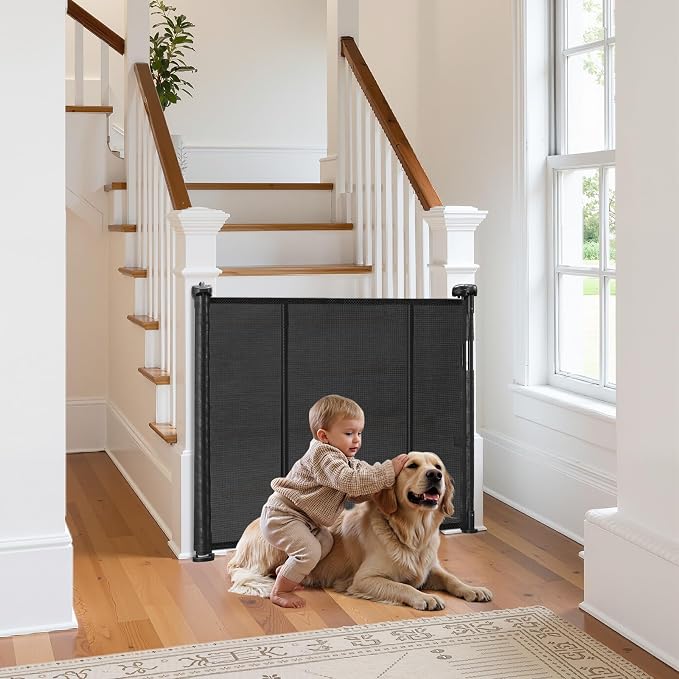 VEVOR Retractable Baby Gate, 34 inch Tall, Extends up to 110 inch Wide, Retractable Gate for Kids or Pets, Mesh Material, Easy to Install for Indoor Stairs, Doorways, Hallways, Playrooms, Black