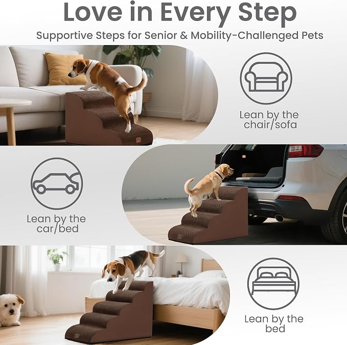 GoGoBunny Ramp Dog Stairs for High Beds 22.6" H, 5-Step Dog Slope Stairs with Durable Waterproof Fabric Cover, Pet Steps for Old Large Dogs Climbing, Non-Slip Sturdy Indoor Step, Brown