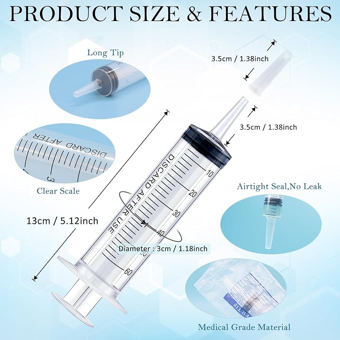 50 Pack 60mL Large Plastic Syringes with Catheter Tip and Caps, Clear Measuring Syringes for Liquids, Oral Feeding, Labs, Dispensing, Jello Shots, Home and Craft Use, No Needle