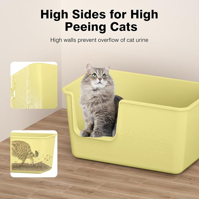 Cat Litter Box with High Sided,24.8" Lx14.9 Wx13.0 H,Extra Large Cat Litter Box for Big Cats,XL Jumbo Kitty Litter Box for Indoor Cats,Tool-Free Assembly (Yellow)