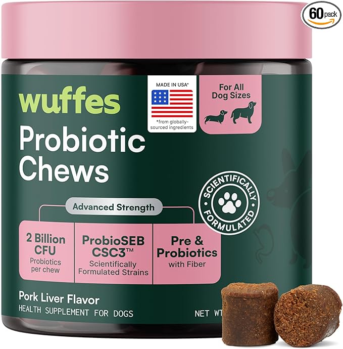 Wuffes Daily Probiotic for Dogs - Supports Digestive Health, Gut Balance, and Immune System - with Prebiotics, Marshmallow Root, and Pumpkin Powder - 60 Soft Chews