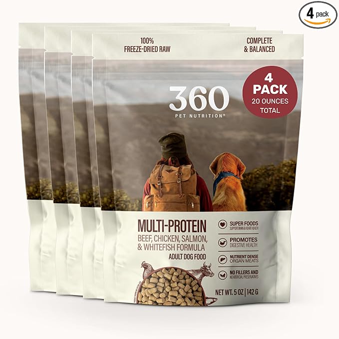 360 Pet Nutrition Freeze-Dried Raw Dog Food – Multi-Protein with Beef, Chicken, Fish, Liver & Organs, High Protein Omega-3s Fruits Veggies & Superfoods Grain-Free, No Fillers, 4 x 5 oz – Made in USA